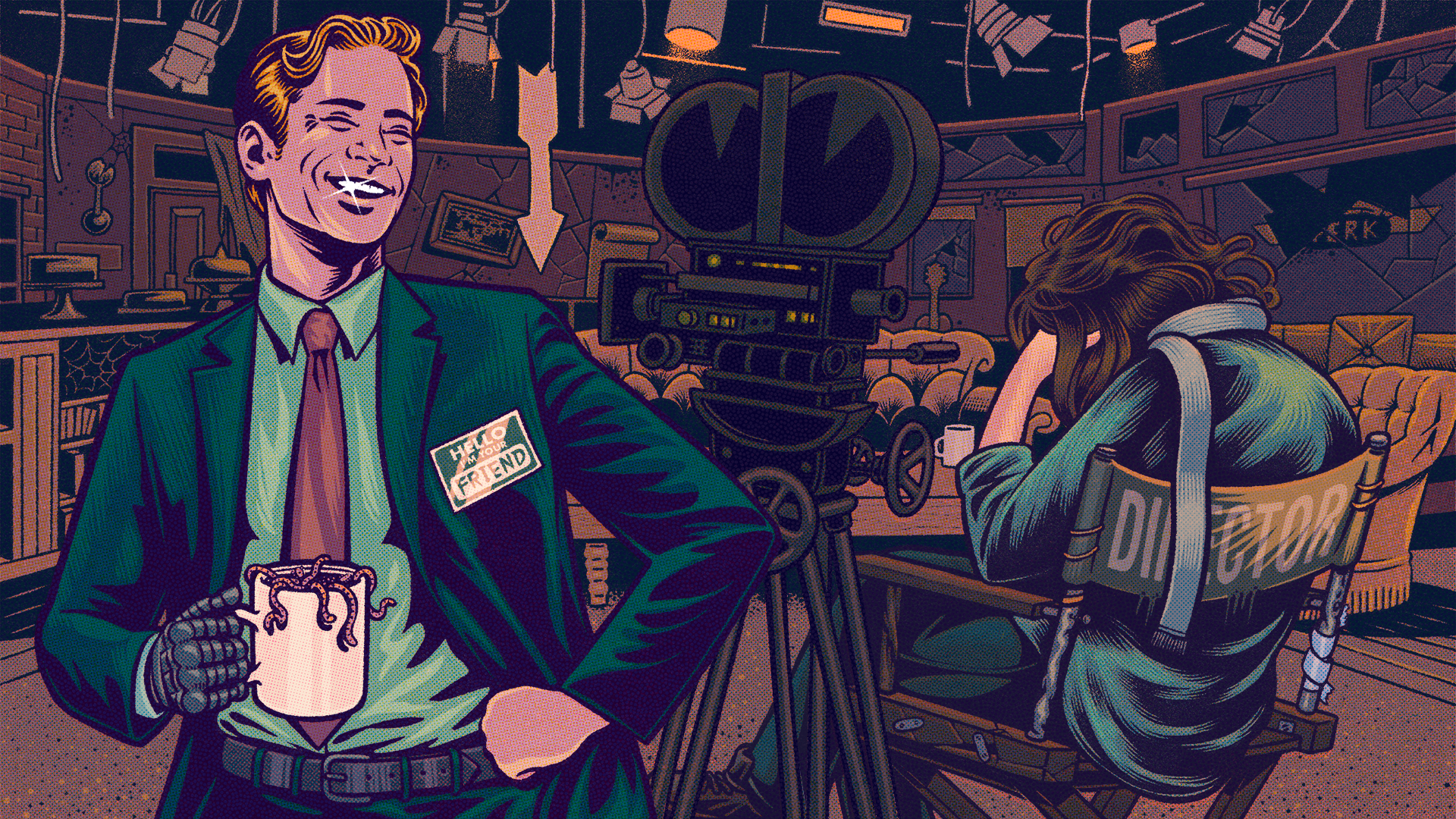 A darkly satirical editorial illustration showing the imbalance of power in the film industry — polished authority versus worn-out creativity in a decaying environment.